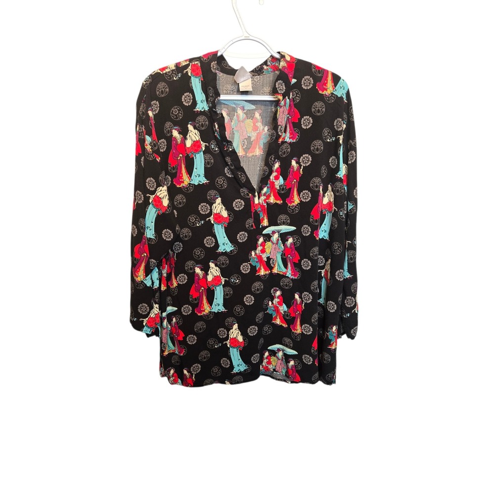 Natori Blouse Womens XL Black Geisha Novelty Print Rayon‎ V-Neck Tunic Top Flaw